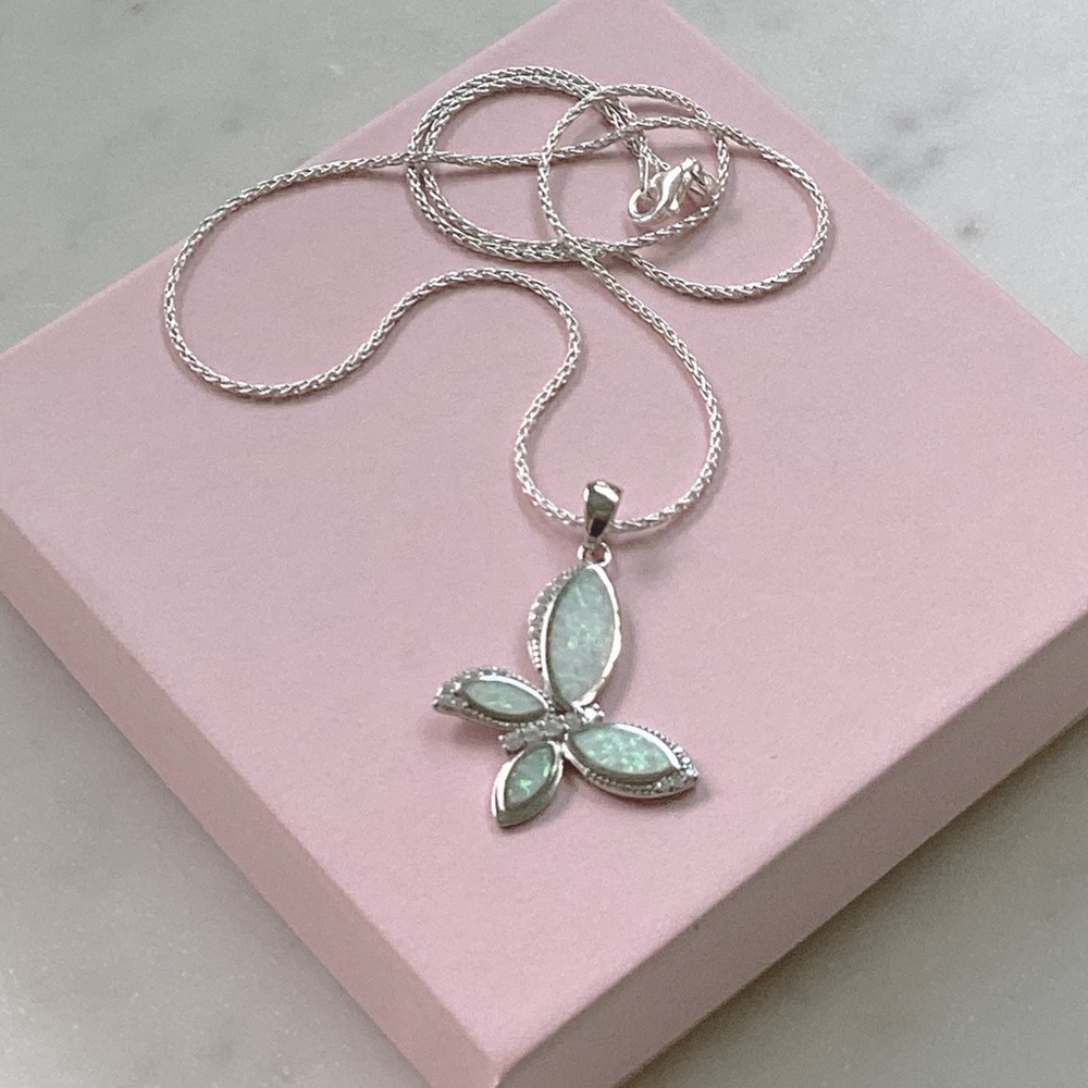 .925 Sterling Silver Lab Created Opal & Cz Butterfly Necklace - Picture 13 of 17